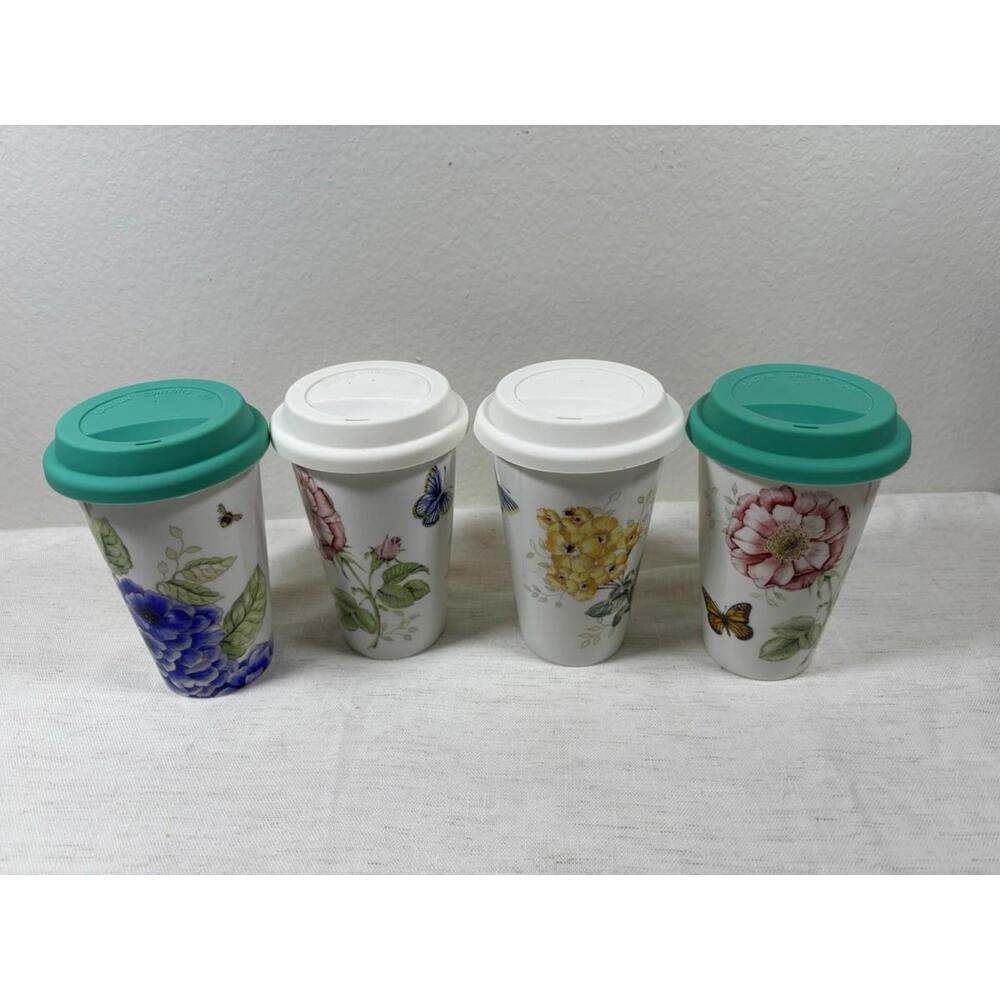 Lenox Butterfly Meadow Porcelain Travel Mugs Set of 4 with Silicone Lids 12 oz